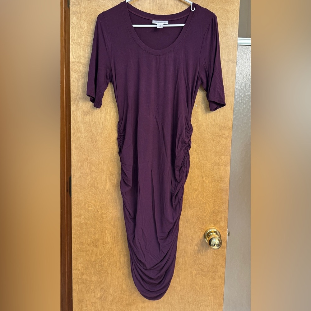Motherhood maternity dress, stretchy purple knit ruched dress, midi length